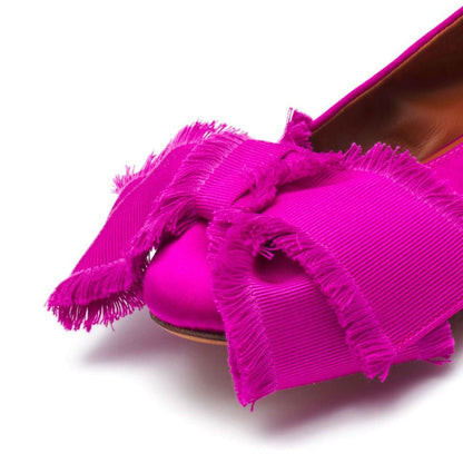 Fuchsia Satin Almond Toe Bow Decor Ballet Flats for Women