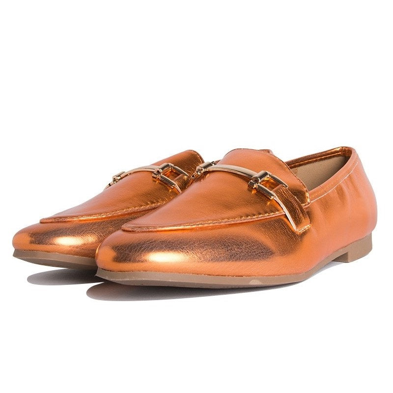 Orange Metallic Closed-Toe Fashion Horsebit Women's Loafers