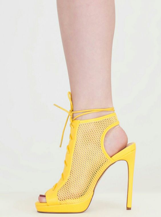 Yellow Mesh Platform Ankle Boots Hollow Out Slingback Lace-Up Sandals