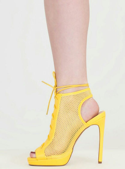Yellow Mesh Platform Ankle Boots Hollow Out Slingback Lace-Up Sandals
