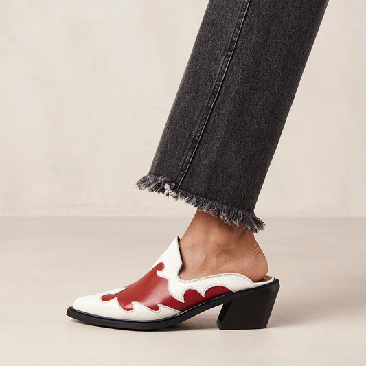 White & Red Pointed Toe Chunky Heel Patchwork Western Mules