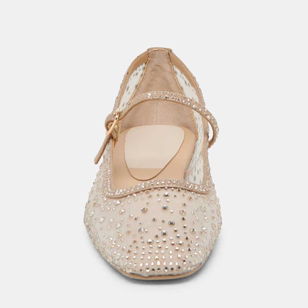 Champagne Rhinestone Embellished Mesh Square Toe Women's Dress Flats