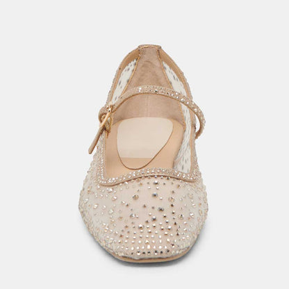 Champagne Rhinestone Embellished Mesh Square Toe Women's Dress Flats