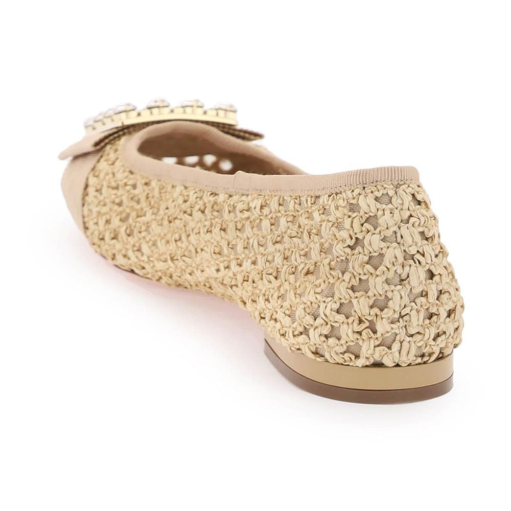 Beige Raffia Square Toe Crystal Embellished Buckle Women's Dress Flats