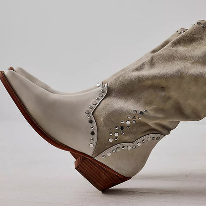 Light Taupe Vegan Suede Pointed Toe Western Mid Calf Boots with Studs