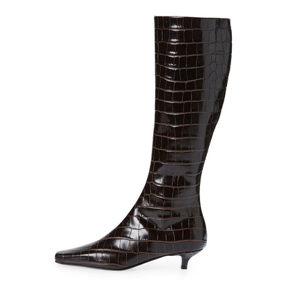 Dark Brown Kitten Heel Square Toe Croc Embossed Knee High Boots