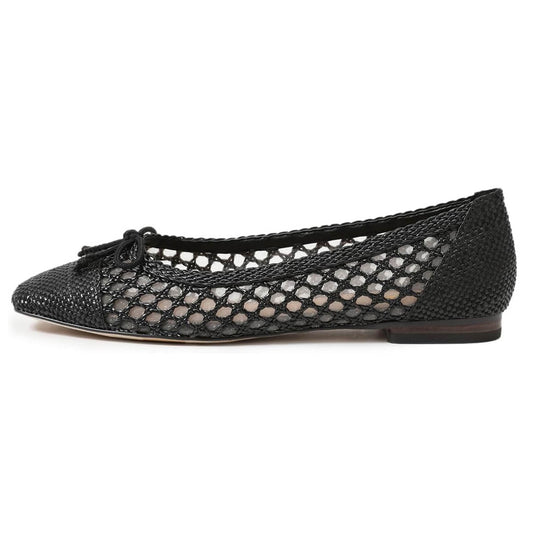 Chic Black Woven Square Toe Hollow Out Ballet Flats with Bow