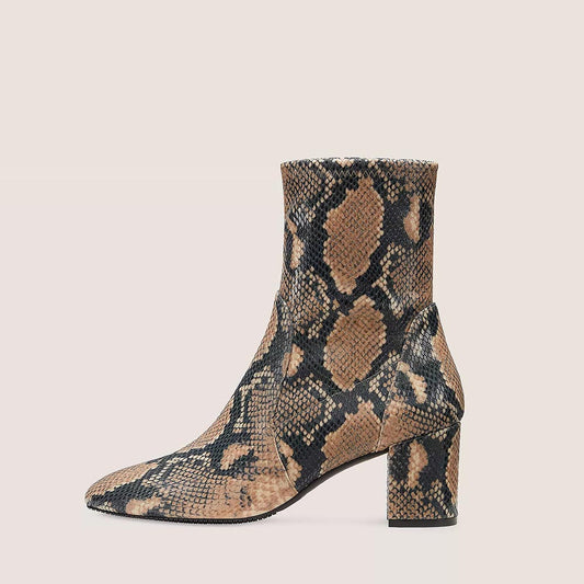 Women's Python Embossed Block Heel Fashion Sock Ankle Boots in Brown