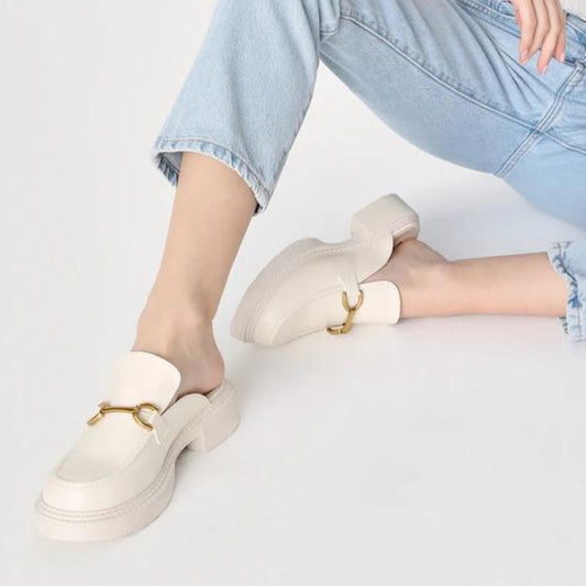 White  Mules With Platform Chain Decor Flats
