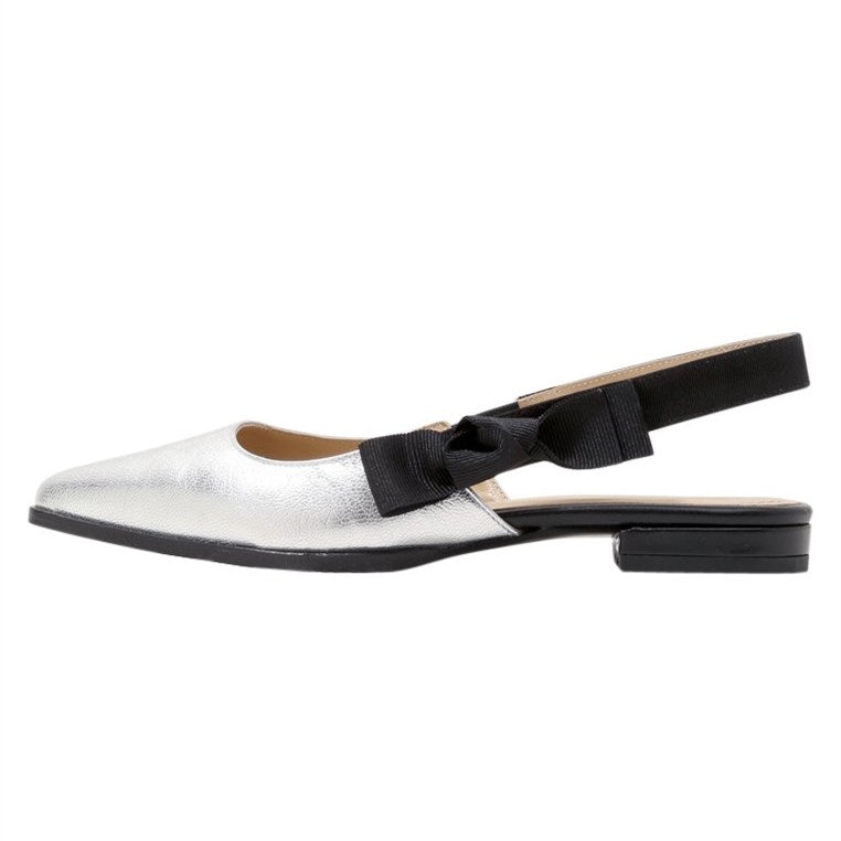 Silver Bow Slingback Shoes Pointy Toe Comfortable Flats