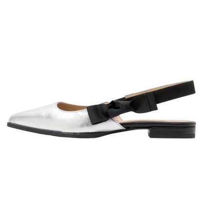 Silver Bow Slingback Shoes Pointy Toe Comfortable Flats
