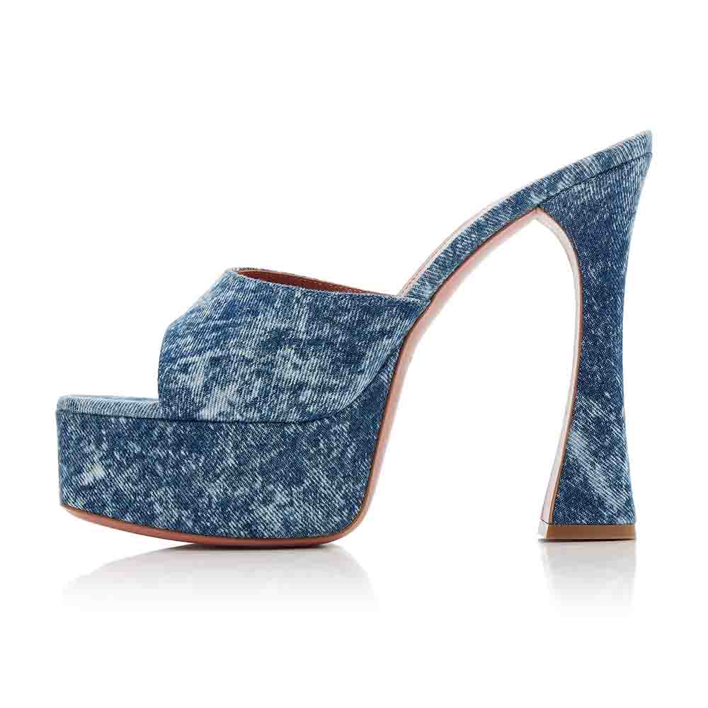 Women's Fashion Open Toe Flared Heels Blue Denim Platform Mules
