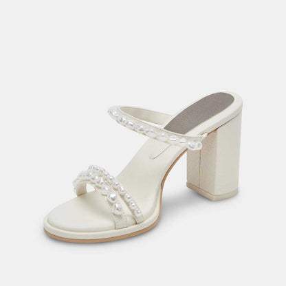 White Round Toe Chunky Heel Pearl-Studded Strappy Mules