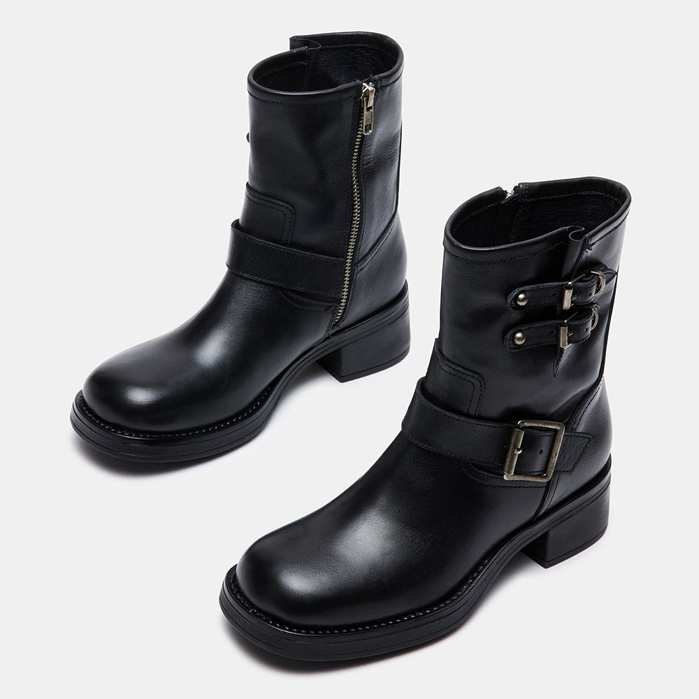 Black Round Toe Low Chunky Heel Buckled Ankle Boots