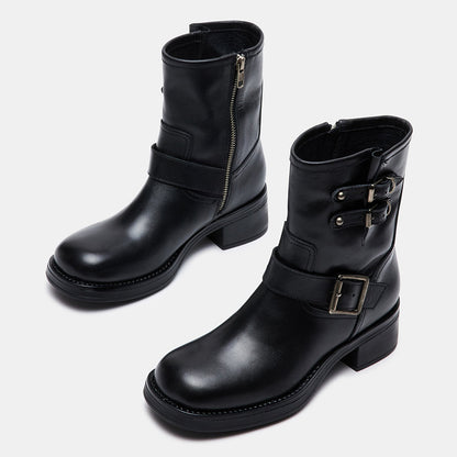 Black Round Toe Low Chunky Heel Buckled Ankle Boots