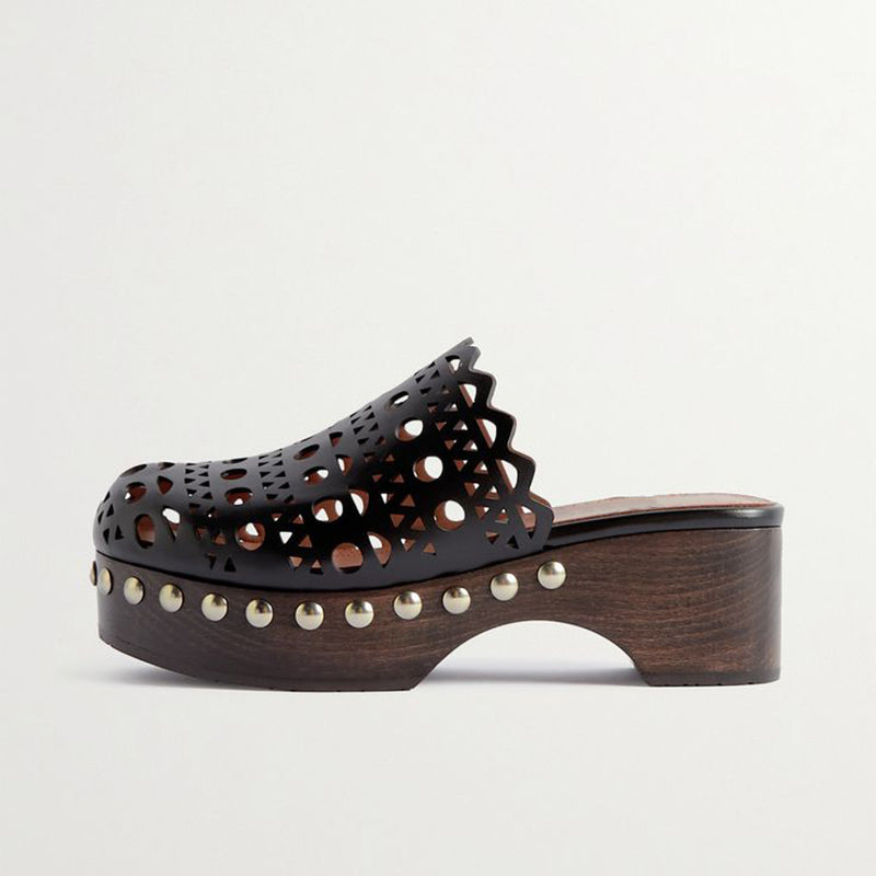 Black Hollow Out Heeled Clogs Round-Toe Studded Platform Mules