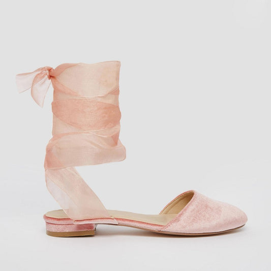 Pink Velvet Round Toe Comfortable Flats Organza Strappy Shoes