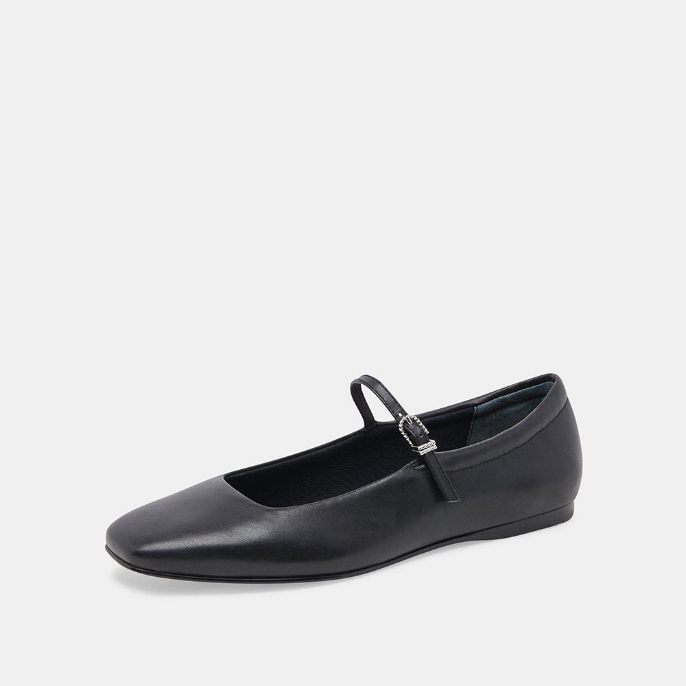 Black Vegan Leather Square Toe Buckled Mary Jane Ballet Flats