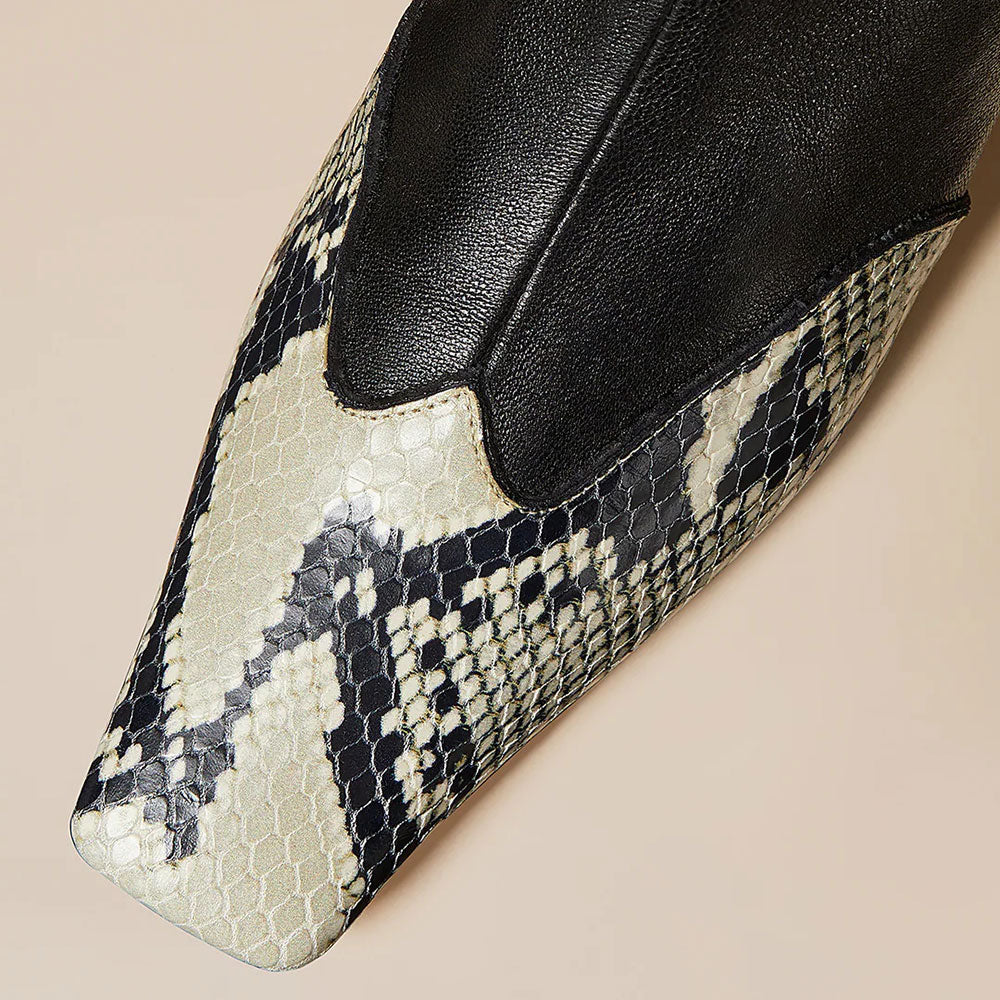 Black Python Embossed Square Toe Zipper Ankle Boots with Chunky Heel