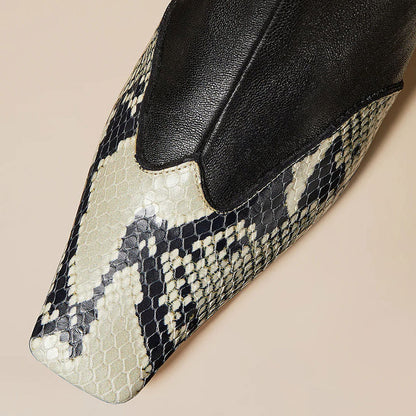 Black Python Embossed Square Toe Zipper Ankle Boots with Chunky Heel