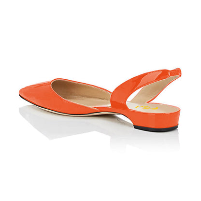 Orange Patent Leather Slingback Shoes Pointy Toe Comfortable Flats