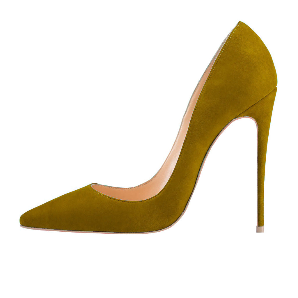 Women's Olive Green Stiletto Heels Vegan Suede Pointy Toe Pumps Shoes