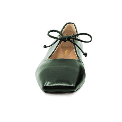 Vegan Leather Square Toe Lace Up Metallic Green Mary Jane Flats