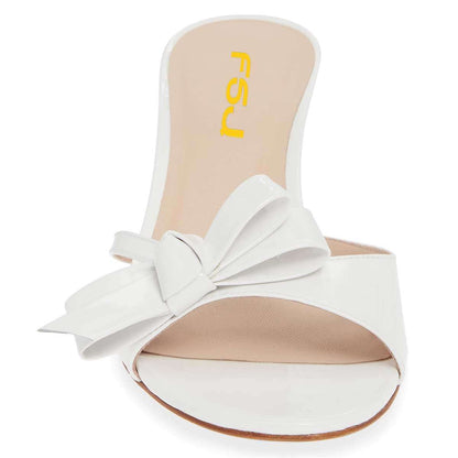 White Patent Leather Bow Kitten Heels Mules Sandals