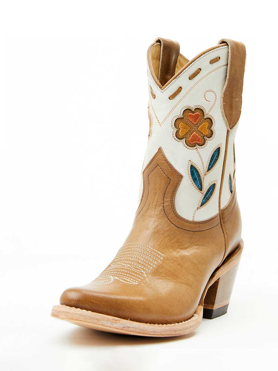 Brown & White Floral Embroidered Inlay Heeled Western Ankle Boots