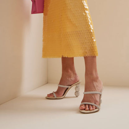 Beige Open Toe Rhinestone Sculptural Heel Mules