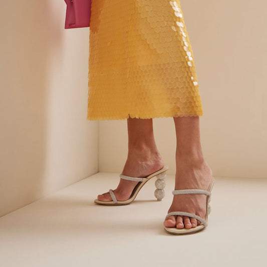 Beige Open Toe Rhinestone Sculptural Heel Mules