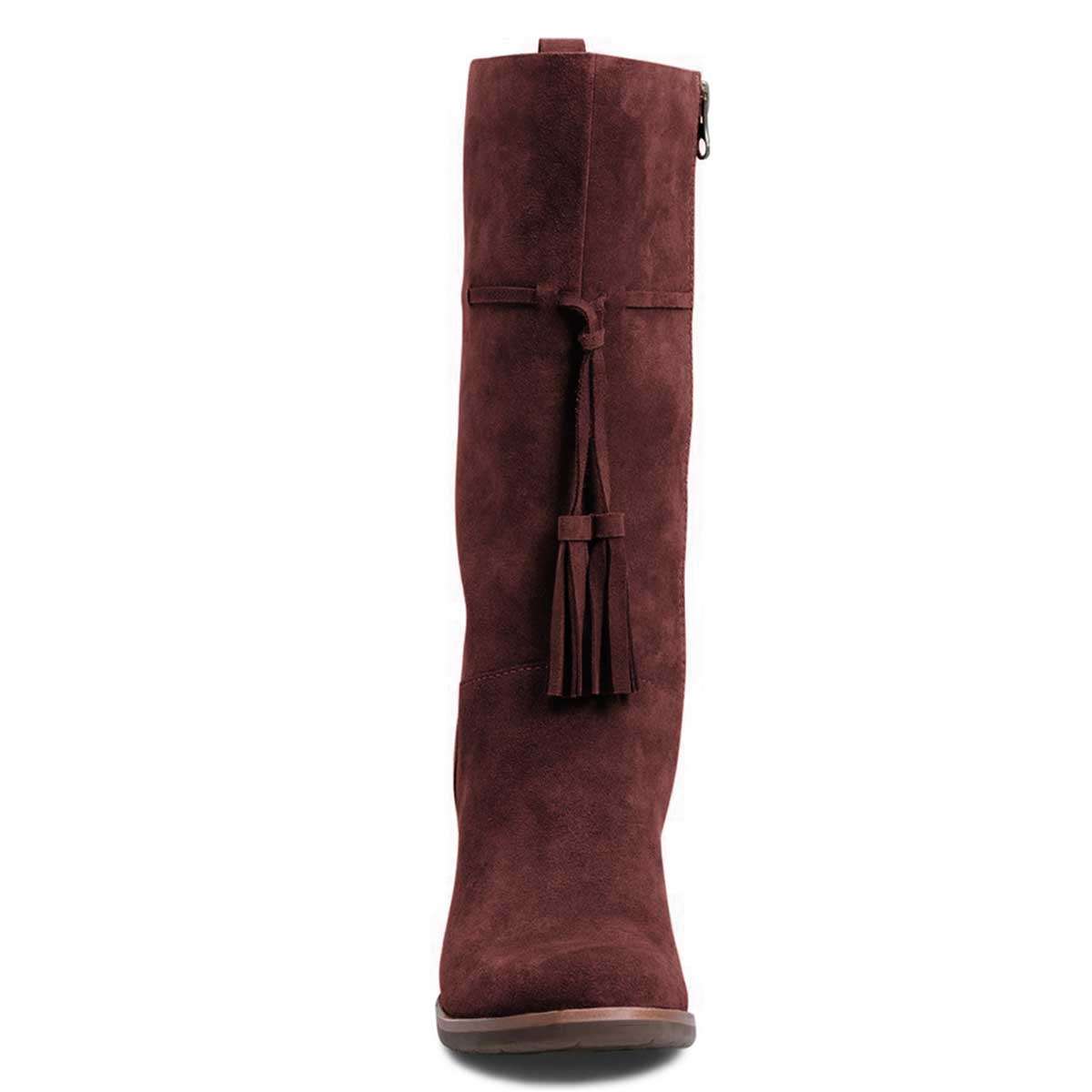 Maroon Closed Toe Tasseled Tie Front Chunky Heel Mid Calf Boots