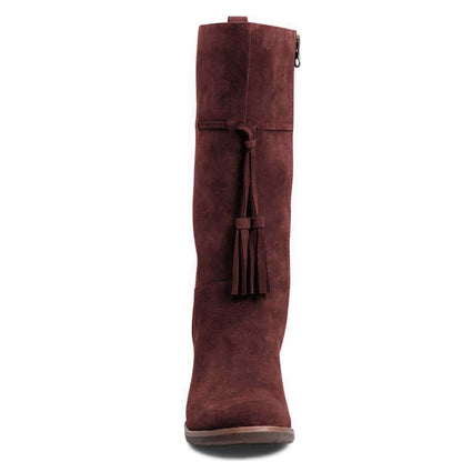 Maroon Closed Toe Tasseled Tie Front Chunky Heel Mid Calf Boots