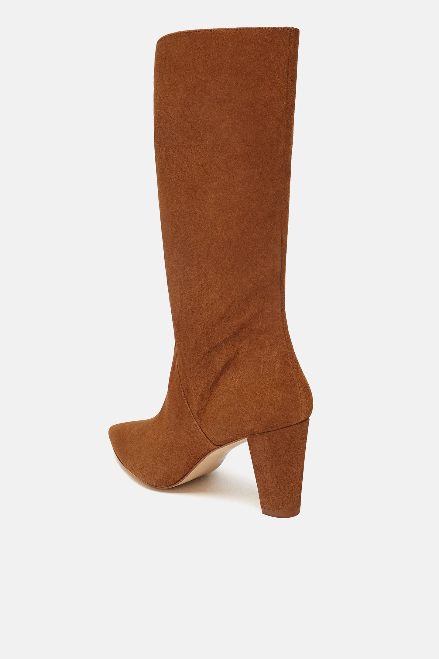 Tan Vintage Vegan Suede Pointy Toe Mid Calf Boots with Block Heels