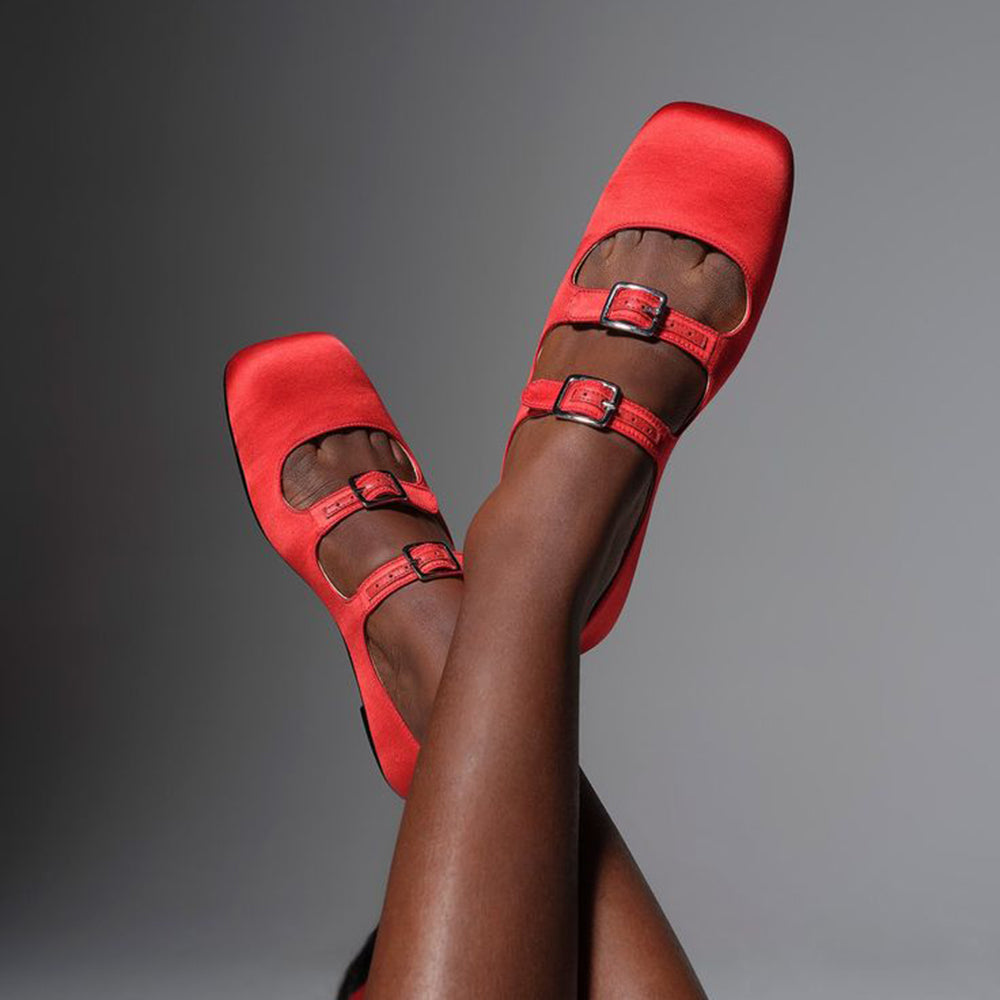 Red Satin Square Toe Buckled Mary Jane Flats for Women