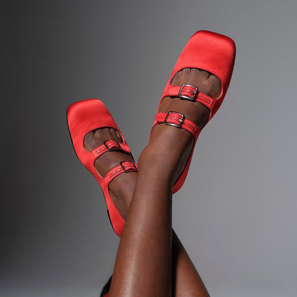 Red Satin Square Toe Buckled Mary Jane Flats for Women