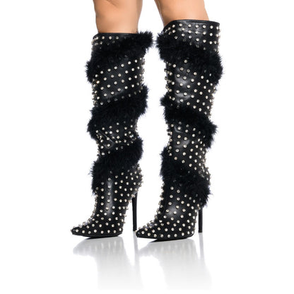 Black Stiletto Heel Rhinestone Faux Fur Decor Knee High Boots