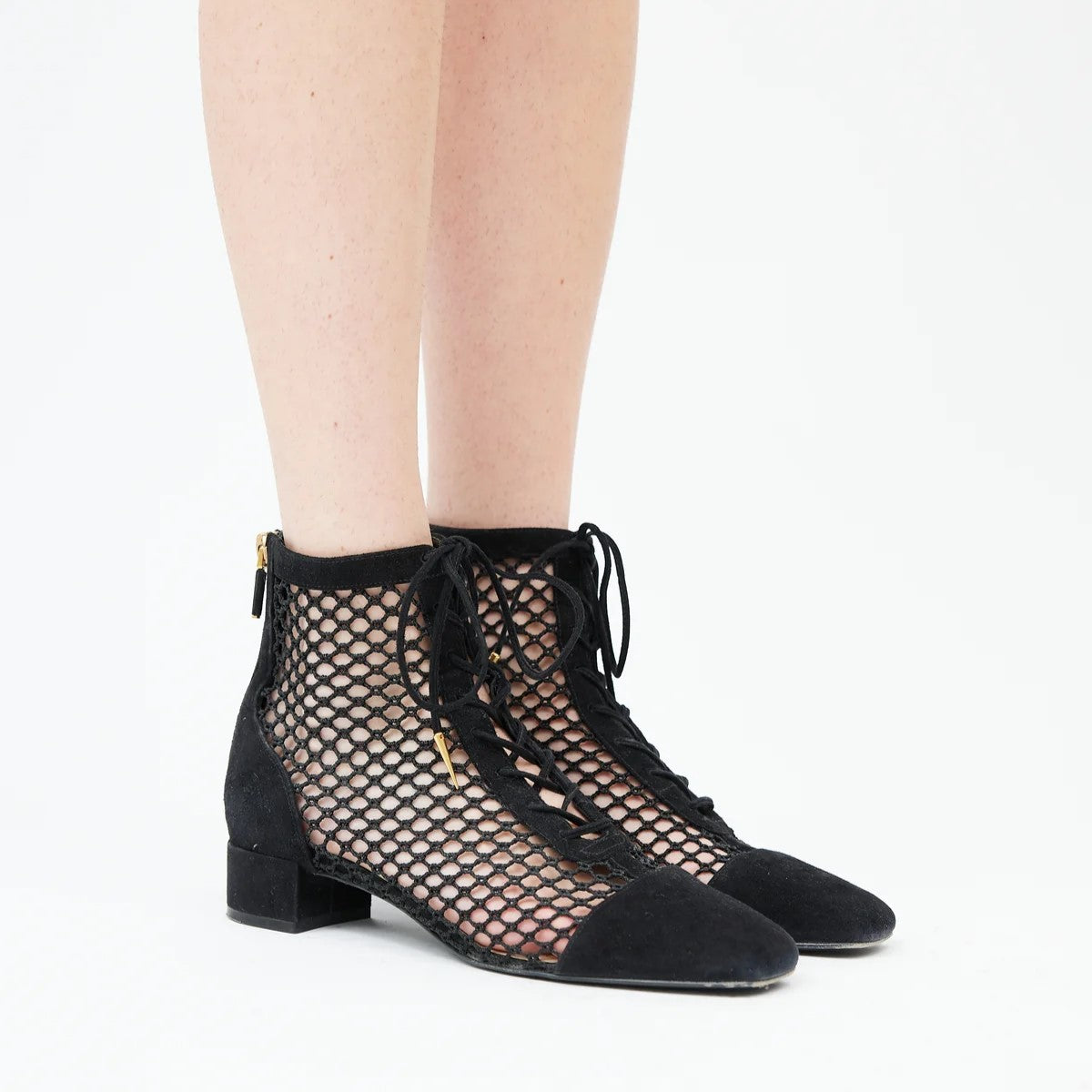 Black Nets Lace Up Summer Booties Block Heel Ankle Boots