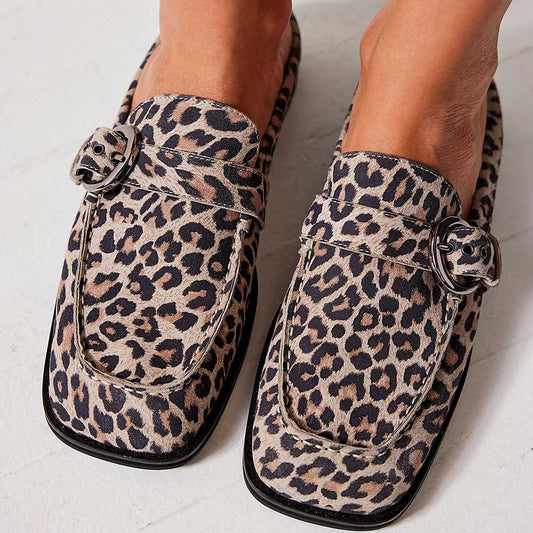 Beige Leopard Print Square Toe Flat Buckle Slip-On Mules Shoes
