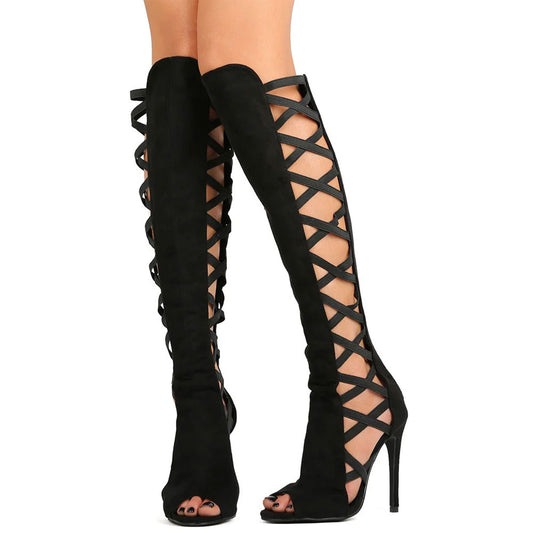 Black Peep Toe Stiletto Heel Cut Out Crisscross Straps Knee High Boots