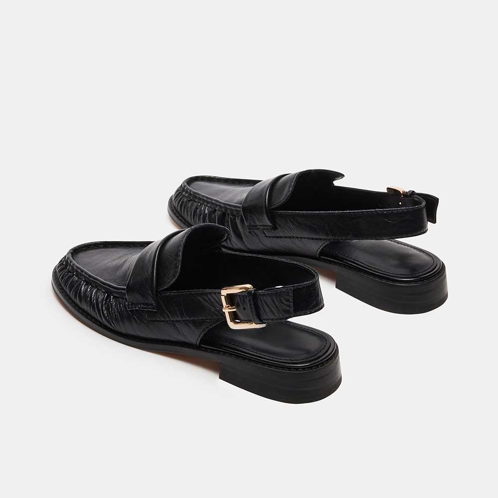 Black Vegan Leather Round Toe Flat Buckled Slingback Formal Loafers