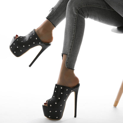 All Black Peep Toe Studded High Heel Mules Slip On Platform Shoes