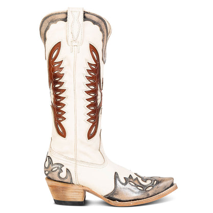 White & Brown Patchwork Snip Toe Chunky Heel Western Knee High Boots