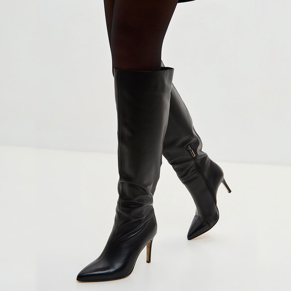 Black Pointed Toe Half-Zipper Stiletto Heel Knee High Boots for Women