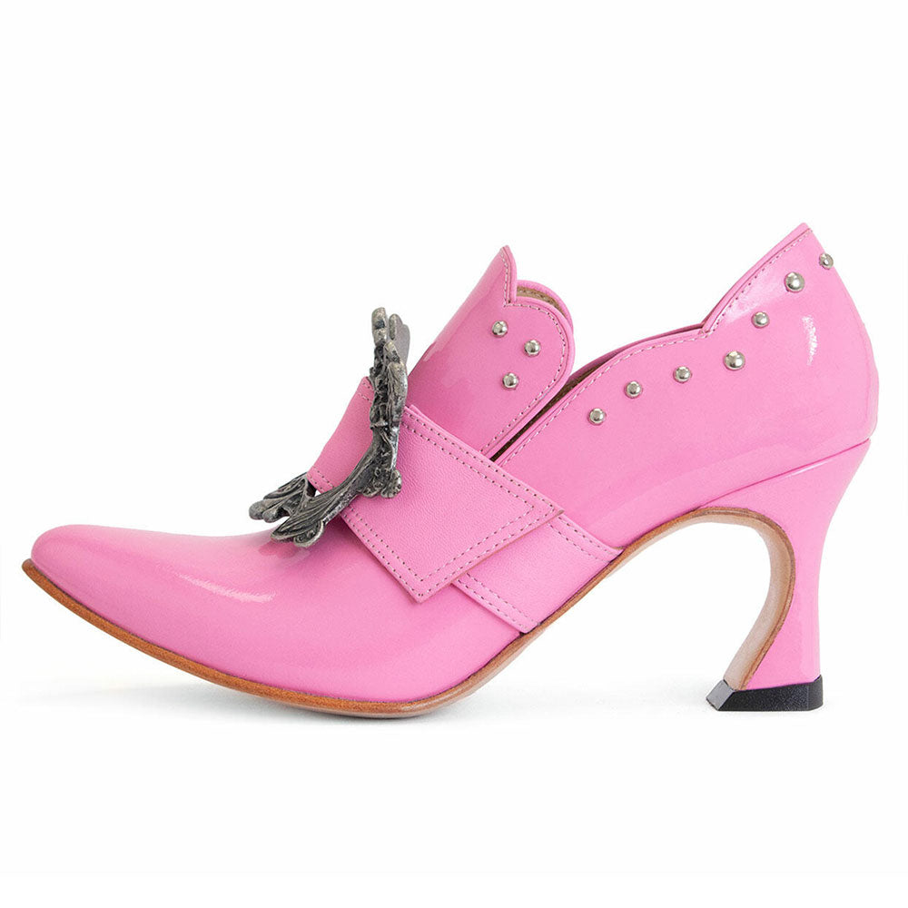 Pink Pointed Toe Hardware Buckle Decor Studded Heeled Loafers