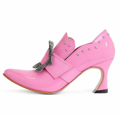 Pink Pointed Toe Hardware Buckle Decor Studded Heeled Loafers