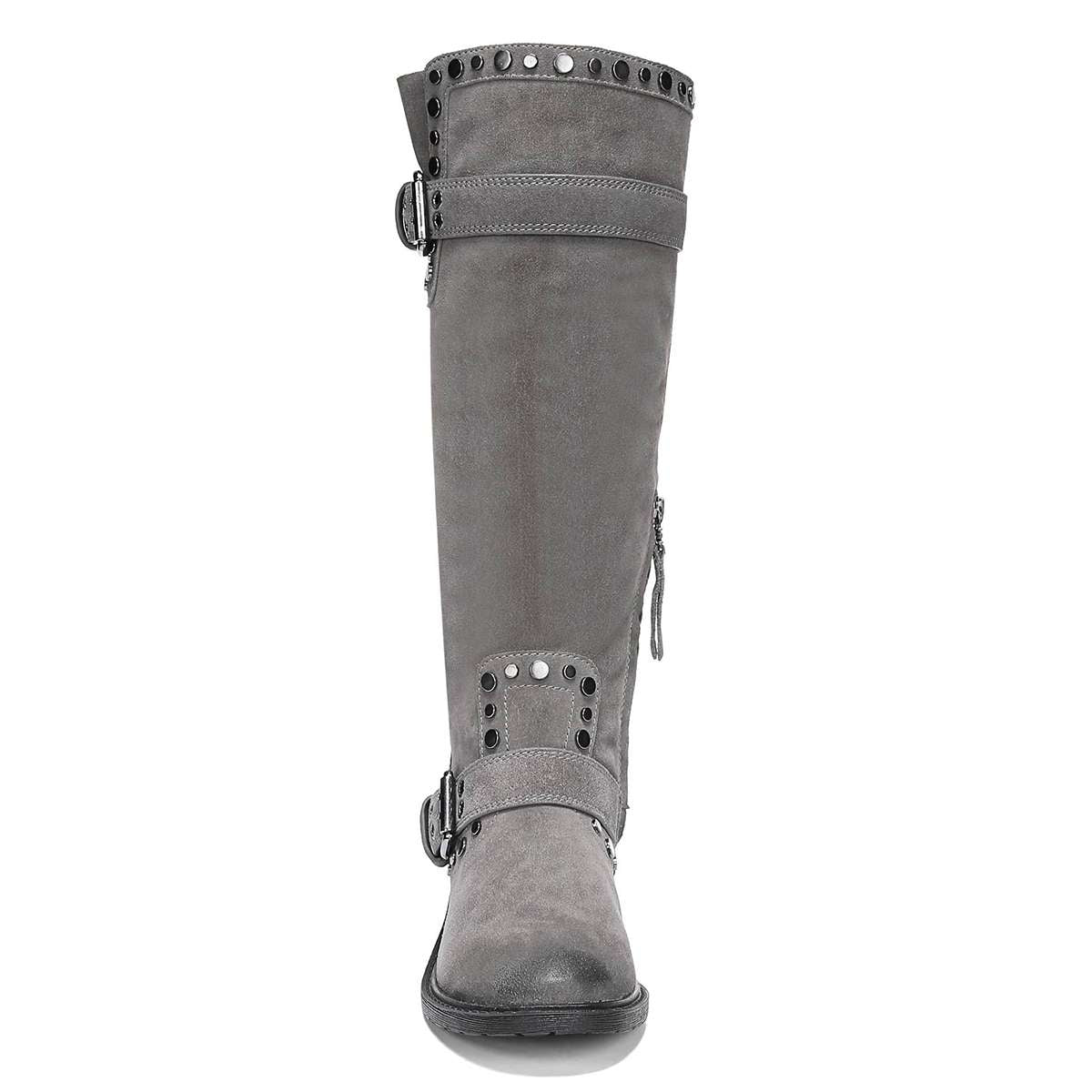 Grey Vegan Suede Block Heel Buckle Strap Knee High Boots with Studs