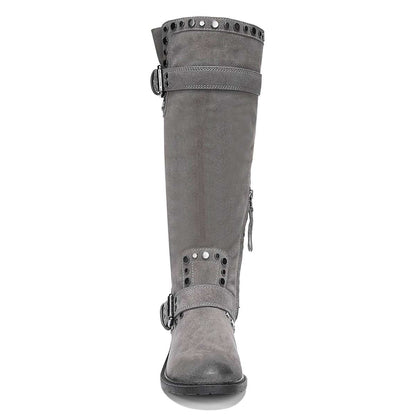 Grey Vegan Suede Block Heel Buckle Strap Knee High Boots with Studs