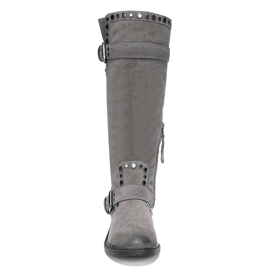 Grey Vegan Suede Block Heel Buckle Strap Knee High Boots with Studs