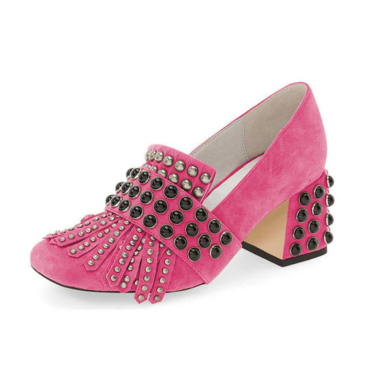 Women's Two-Tone Studded Block Heel Loafer Pink Pumps with Fringe
